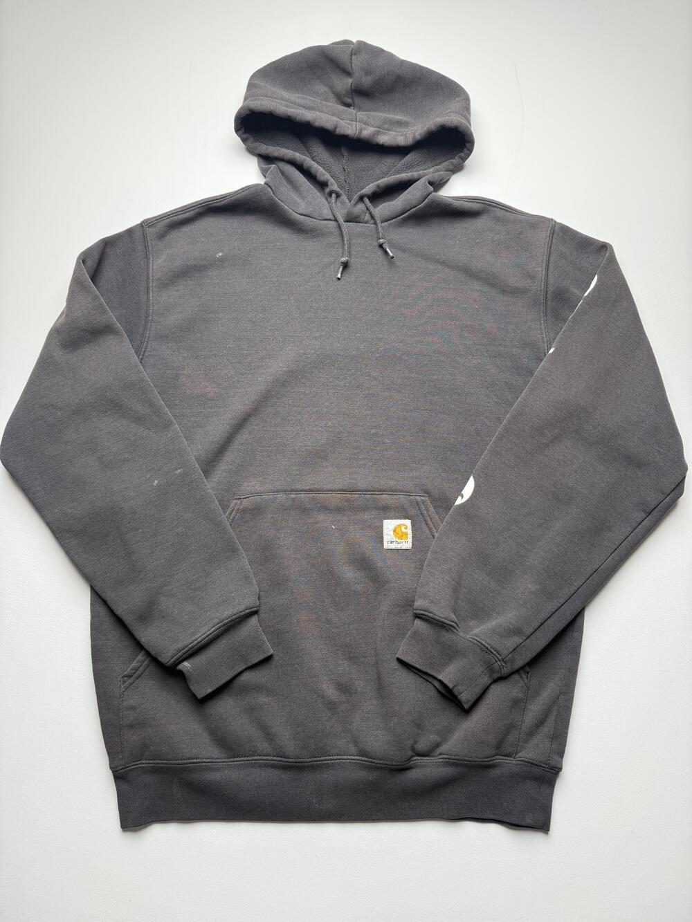 Carhartt Hoodie Sweatshirt Mens Medium Gray Pullover Fleece Sleeve Logo